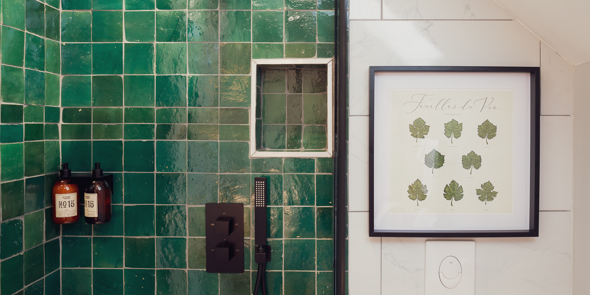 Emerald zellige shower with matte black fixtures
